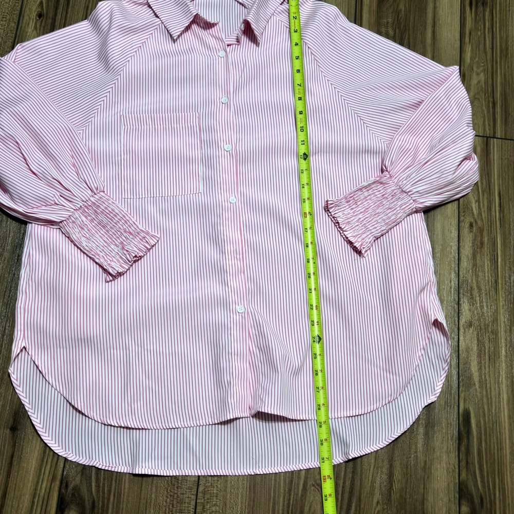 Pink White Striped Button Down Tunic Shirt Smocked Cuffs Relaxed Fit Top XL - Picture 6 of 9